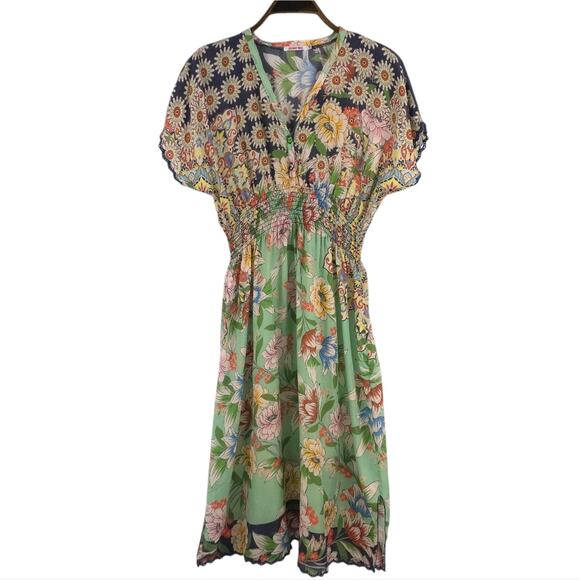 Johnny Was Floral Silk Midi Dress with Smocked Waist - Picture 3 of 10